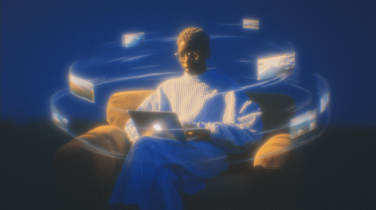 Organizer managing live event ticketing surrounded by glowing dashboard screens
